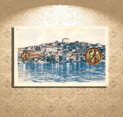Αχρίδα, άποψη εκ της λίμνης (χρωμολιθόγραφη καρτποσταλ δεκ. 1920) Ohrid, Όχριδα, Αχρίς, Μακεδονία