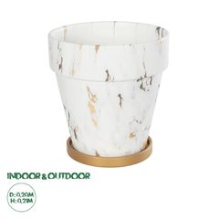 GloboStar® Artificial Garden DENPASAR 20526 Διακοσμητική Κεραμική Γλάστρα Λευκή με Χρυσό Μ20 x Π20 x Υ21 cm