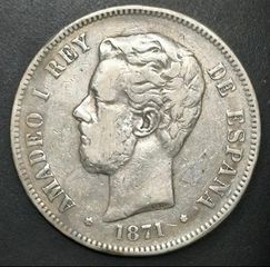 SPAIN 5 PESETAS 1871 AMADEO XII SILVER