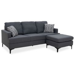 Γωνιακός Καναπές Με Σκαμπό Υφασμάτινος Ανθρακί με Μαξιλάρια Slim 185x140x70cm Pako