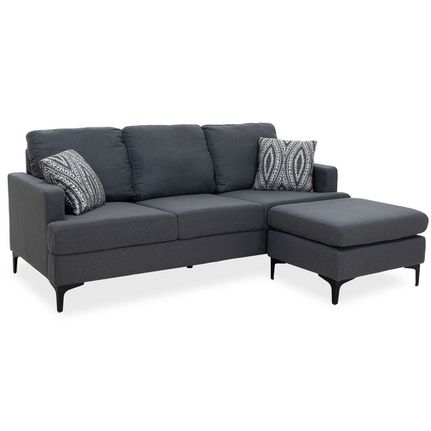 Γωνιακός Καναπές Με Σκαμπό Υφασμάτινος Ανθρακί με Μαξιλάρια Slim 185x140x70cm Pako