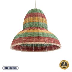 Φωτιστικό CABALLEROS Boho κρεμαστό 1 x E27 IP20 Φ40 x Υ30cm πράσινο με κίτρινο & μπεζ με κόκκινο ξύλινο μπαμπού πλέγμα καμπάνα