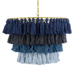 Κρεμαστό φωτιστικό boho μονόφωτο 1xE27 Φ60 x Υ40cm μπλε σκούρο με μαύρο και μπλε ανοιχτό βαμβακερό και χρυσό πλέγμα