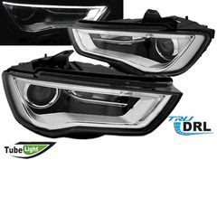 Μπροστινά Φανάρια Set Για Audi A3 8V 12-16 True DRL Tube Μαύρα H7 Με Μοτέρ Depo