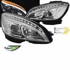 Μπροστινά Φανάρια Set Για Mercedes-Benz C-Class W204 07-10 DRL Tube Lights W222 Look Dynamic Φλας Χρωμίου H9/H9 Με Μοτέρ JunYan
