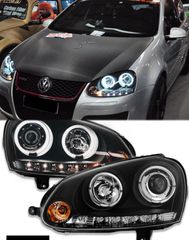 ΦΑΝΑΡΙΑ ΕΜΠΡΟΣ VolksWagen VW Golf MK-5 V Black LED DRL & Angel Eyes Projector Head Lights 2004-2009