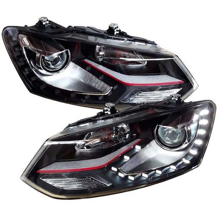 Μπροστινά Φανάρια Set Για Vw Polo 6R/ 6C 09-17 DRL GTI R-Look Μαύρα Με Κόκκινη Γραμμή H7/H7 Με Μοτέρ Carner Polo - 0022958