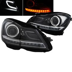 Μπροστινά Φανάρια Set Για Mercedes-Benz C-Class W204 11-14 DRL & Led Φλας Μαύρα H7 Με Μοτέρ Depo C-Class - 0027787