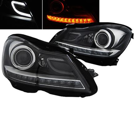 Μπροστινά Φανάρια Set Για Mercedes-Benz C-Class W204 11-14 DRL & Led Φλας Μαύρα H7 Με Μοτέρ Depo C-Class - 0027787