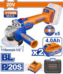 Wadfow WLAPB522E Σετ Γωνιακός Τρόχος Μπαταρίας 115mm Li-ion 20V / 1150W / 4Ah / 2 Μπαταρίες Brushless Motor