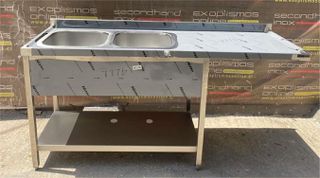 Λάντζα Ανοιχτή Ανοξείδωτη Με 2 Γούρνες 40x40x25Cm & Θέση Για Πλυντήριο 175x60x87Cm - Καινούργια.