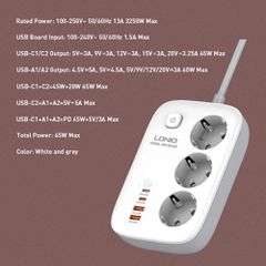 Πολύπριζο με διακόπτη - Power Strip with Switch Multi-socket Smart Guard LDNIO SE3436 with 3 EU Outlets 3250W & Dual USB-A & Dual USB-C 65W with 2m power cord ( Κωδ.1-PER0063 )-thumb-3