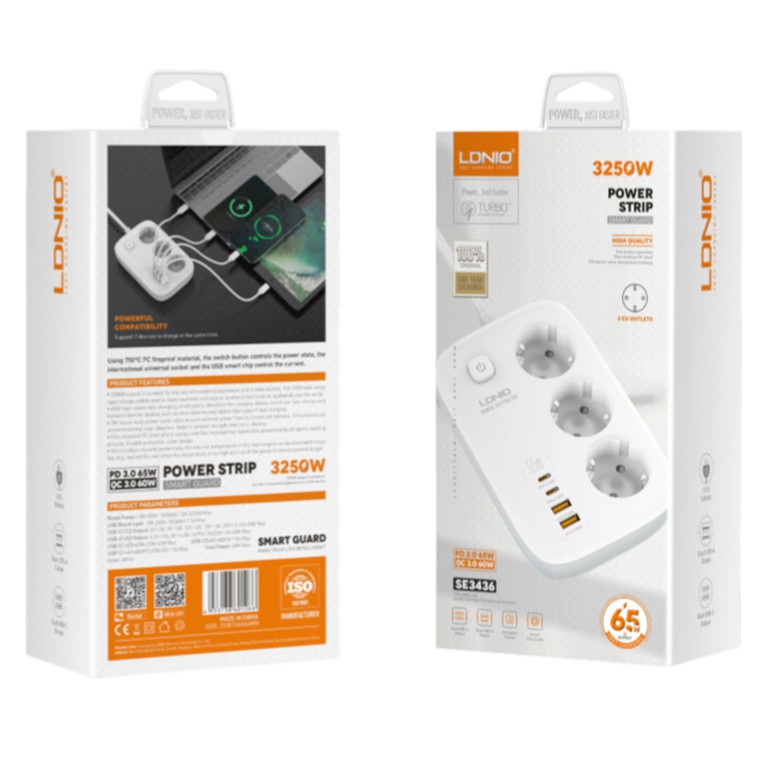 Πολύπριζο με διακόπτη - Power Strip with Switch Multi-socket Smart Guard LDNIO SE3436 with 3 EU Outlets 3250W & Dual USB-A & Dual USB-C 65W with 2m power cord ( Κωδ.1-PER0063 )