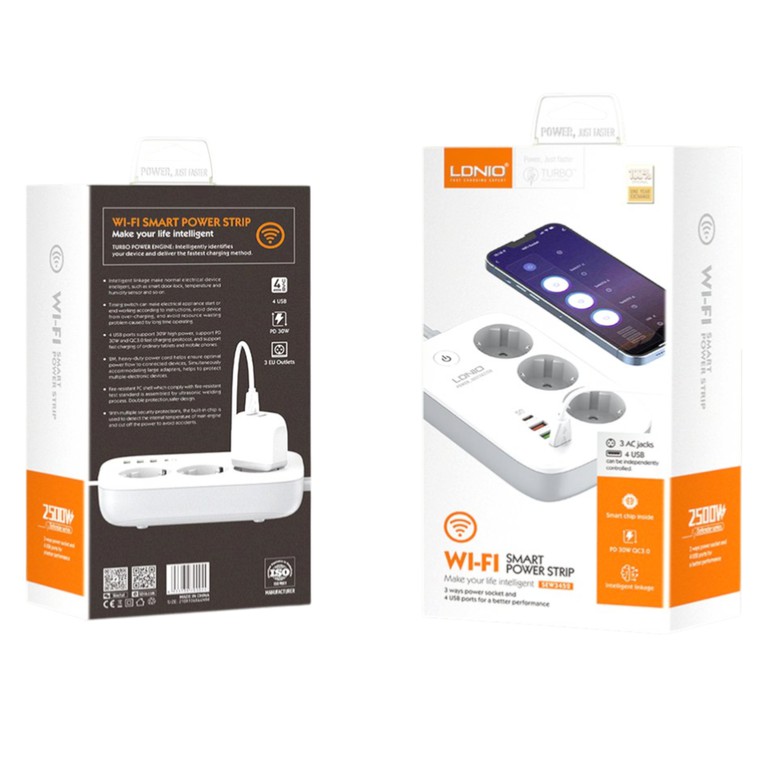 Πολύπριζο WiFi με διακόπτη - WiFi Smart Power Strip with Switch Multi-socket Smart Guard LDNIO SEW3452 with 3 EU Outlets 2500W & 3 USB-A & USB-C 30W with 2m power cord ( Κωδ.1-PER0064 )