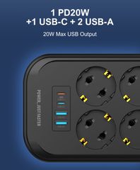 Πολύπριζο με διακόπτη - Power Strip with Switch Multi-socket Smart Guard LDNIO SE6403C with 6 EU Outlets 2500W & 2 USB-A & 2 USB-C 20W with 2m power cord Black ( Κωδ.1-PER0065 )-thumb-3