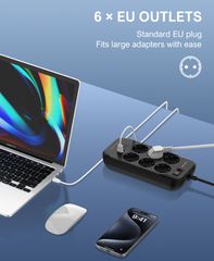 Πολύπριζο με διακόπτη - Power Strip with Switch Multi-socket Smart Guard LDNIO SE6403C with 6 EU Outlets 2500W & 2 USB-A & 2 USB-C 20W with 2m power cord Black ( Κωδ.1-PER0065 )-thumb-2