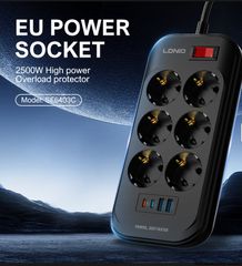 Πολύπριζο με διακόπτη - Power Strip with Switch Multi-socket Smart Guard LDNIO SE6403C with 6 EU Outlets 2500W & 2 USB-A & 2 USB-C 20W with 2m power cord Black ( Κωδ.1-PER0065 )-thumb-1