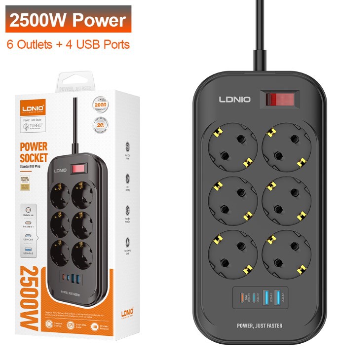 Πολύπριζο με διακόπτη - Power Strip with Switch Multi-socket Smart Guard LDNIO SE6403C with 6 EU Outlets 2500W & 2 USB-A & 2 USB-C 20W with 2m power cord Black ( Κωδ.1-PER0065 )