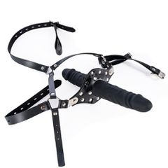 Strap On Silicone Double Dildo With Penis Gag Black