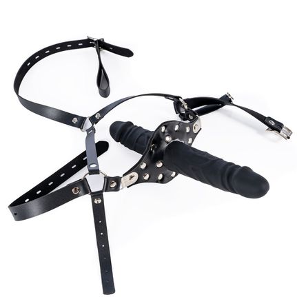 Strap On Silicone Double Dildo With Penis Gag Black