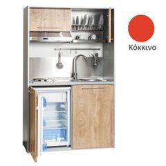 Πολυκουζίνα mini kitchen 125cm απόχρωση κόκκινη με δεξιά γούρνα και πορτάκια για ξενώνες, γραφεία & φοιτητικά studio