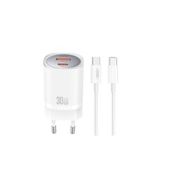XO Wall Charger CE21 1xUSB-A, 1x USB-C 30W - Φορτιστής Ταχείας Φόρτισης Τοίχου Ταξιδίου με καλώδιο USB-C / USB-C