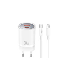 XO Wall Charger CE21 1xUSB-A, 1x USB-C 30W – Φορτιστής Ταχείας Φόρτισης Τοίχου Ταξιδίου με καλώδιο USB-C / Lightning