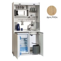 Πολυκουζίνα mini kitchen 105cm OFFICE απόχρωση δρυς ρόζοι με ψυγείο χωρίς φούρνο για ξενώνες, γραφεία & φοιτητικά studio