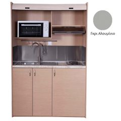 Πολυκουζίνα mini kitchen 140cm απόχρωση γκρι με δεξιά γούρνα για ξενώνες, γραφεία & φοιτητικά studio