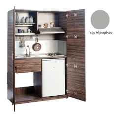 Πολυκουζίνα mini kitchen 125cm απόχρωση γκρι αλουμινίου με αριστερή γούρνα και μεγάλες πόρτες για φοιτιτικά studios, γραφεία &καταλύματα