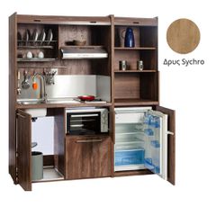 Πολυκουζίνα mini kitchen 190cm με μικρό ψυγείο & μικρό φουρνάκι απόχρωση δρυς sychro για ξενώνες & γραφεία
