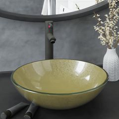 Νιπτήρας Μπάνιου με Βρύση& Βαλβίδα Πατητή από Ψημ. Γυαλί Χρυσός 3098462