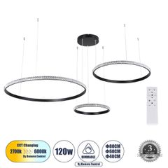 Κρεμαστό Φωτιστικό Δαχτυλίδι-Κύκλος LED CCT 120W 14723lm 360° AC 220-240V - Εναλλαγή Φωτισμού μέσω Τηλεχειριστηρίου All In One Ψυχρό 6000k+Φυσικό 4500k+Θερμό 2700k Dimmable Φ40+60+80cm - Μαύρο - 3 Yea