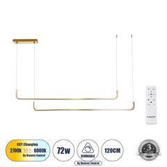 Κρεμαστό Φωτιστικό Οροφής Design LED CCT 72W 8300lm 200° AC 220-240V - Εναλλαγή Φωτισμού μέσω Τηλεχειριστηρίου All In One Ψυχρό 6000k+Φυσικό 4500k+Θερμό 2700k Dimmable Μ220 x Π4 x Υ25cm - Χρυσό Πλατίν