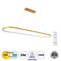 Κρεμαστό Φωτιστικό Οροφής Design LED CCT 54W 6210lm 300° AC 220-240V - Εναλλαγή Φωτισμού μέσω Τηλεχειριστηρίου All In One Ψυχρό 6000k+Φυσικό 4500k+Θερμό 2700k Dimmable Μ120 x Π30 x Υ2cm - Χρυσό Βούρτσ