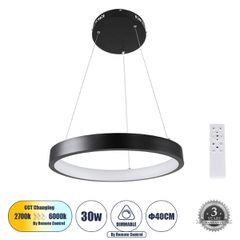 Κρεμαστό Φωτιστικό Δαχτυλίδι-Κύκλος LED CCT 30W 3513lm 360° AC 220-240V - Εναλλαγή Φωτισμού μέσω Τηλεχειριστηρίου All In One Ψυχρό 6000k+Φυσικό 4500k+Θερμό 2700k Dimmable Φ40cm - Μαύρο - 3 Years Warra