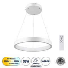 Κρεμαστό Φωτιστικό Δαχτυλίδι-Κύκλος LED CCT 30W 3513lm 360° AC 220-240V - Εναλλαγή Φωτισμού μέσω Τηλεχειριστηρίου All In One Ψυχρό 6000k+Φυσικό 4500k+Θερμό 2700k Dimmable Φ40cm - Λευκό - 3 Years Warra