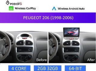 PEUGEOT 206 (1998-2006) Android 9" Οθόνη 2+32GB Ασύρματο CarPlay & Aσύρματο Android Auto GPS WiFi EQ