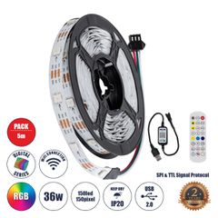Σετ Ψηφιακής Ταινίας 5 Μέτρων με Ψηφιακό Controller & Ασύρματο Χειριστήριο RF & WiFi Mobile APP - LED SMD 5050 36W/5m 150LED/5m 150PIXEL/5m SPI/TTL Protocol 2880lm/m 120° DC 5V με USB 2.0 & WiFi Mobil