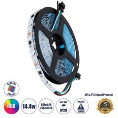 Ψηφιακή Ταινία LED SMD 5050 14.4W/m 60LED/m 20PIXEL/m SPI/TTL Protocol IC WS2811/UCS16703 1152lm/m 120° DC 12V IP20 RGB - Λευκό Σώμα - Μ5000 x Π10 x Υ2mm - Συσκευασία 5 Μέτρων - 5 Χρόνια Εγγύηση