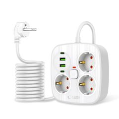 Tech-Protect PCS3X4 power strip, 3 sockets, 2xUSB-A, 2xUSB-C 200 cm - white-thumb-1