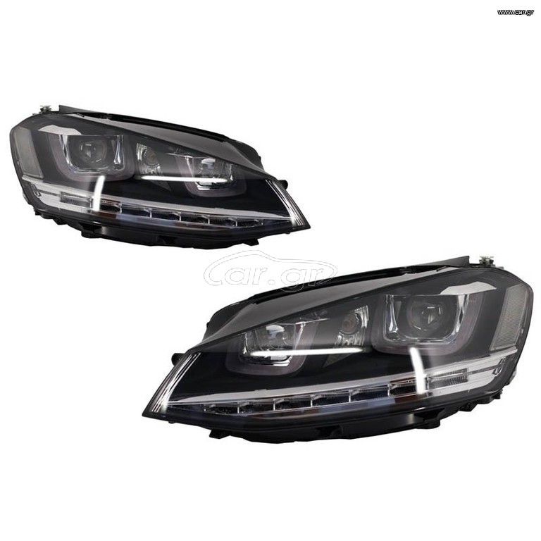 Μπροστινά Φανάρια Set Για Vw Golf VII (7) 12-17 U-Type DRL & Led Φλας Dynamic R-Line Look Μαύρα Bi-Led Projector Με Μοτέρ Carner