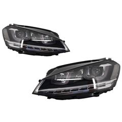 Μπροστινά Φανάρια Set Για Vw Golf VII (7) 12-17 U-Type DRL & Led Φλας Dynamic R-Line Look Μαύρα Bi-Led Projector Με Μοτέρ Carner