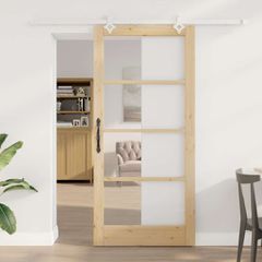 Συρόμενη Πόρτα 93 x 202 cm Μασίφ ξύλο πεύκου και γυαλί Φυσικό 3332259