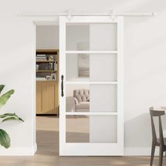 Συρόμενη Πόρτα 93 x 202 cm Μασίφ ξύλο πεύκου και γυαλί Λευκό 3332260