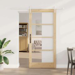 Συρόμενη Πόρτα 93 x 202 cm Μασίφ ξύλο πεύκου και γυαλί Φυσικό 3332371