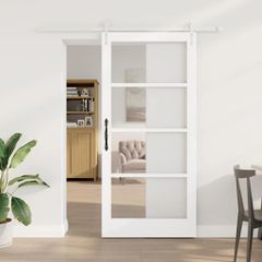 Συρόμενη Πόρτα 93 x 202 cm Μασίφ ξύλο πεύκου και γυαλί Λευκό 3332372