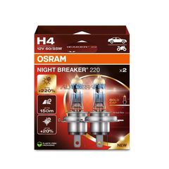 64193NB220-2HB - OSRAM, Σετ Λάμπες 12V Night Breaker 220 +220% H4 60/55W P43t (Σετ 2τεμ)