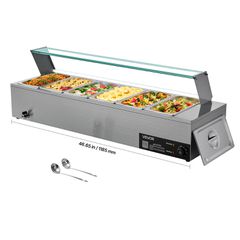 VEVOR Επαγγελματικός Θερμαντήρας Φαγητού 6 x 1/3 Τηγάνια Μπεν Μαρί Μπουφέ με Γυάλινο Κάλυμμα