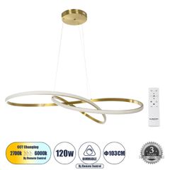 GLOBOSTAR® DEXTER 60920 Μοντέρνο Κρεμαστό Φωτιστικό Οροφής LED 120W 13440lm 300° AC 220-240V IP20 Ρυθμιζόμενο Λευκό CCT με Χειριστήριο από 2700K έως 6000K Dimmable - Lumileds SMD Chip - Χρυσό Βούρτσας